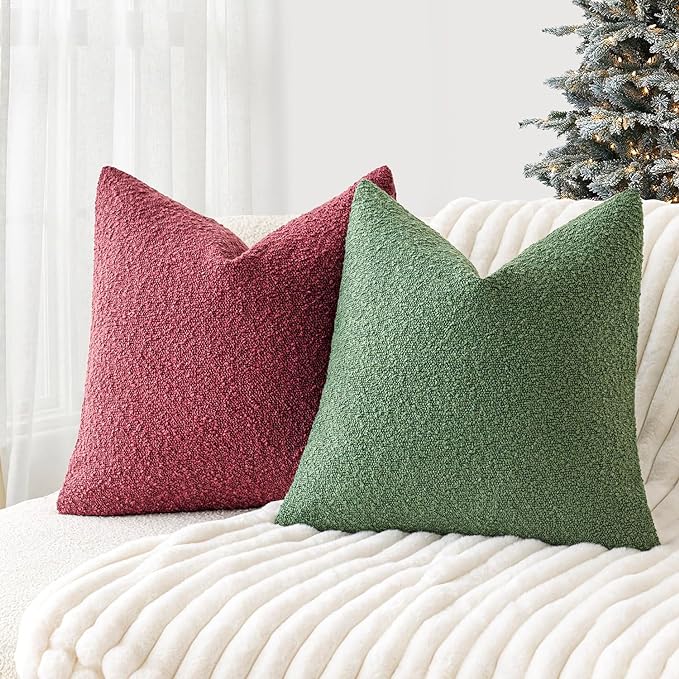 Foindtower Pack of 2, Decorative Textured Boucle Throw Pillow Covers Accent Solid Pillow Cases Cozy Soft Couch Cushion Case for Chair Sofa Bedroom Living Room Home Decor 22 x 22 Inch Hunter Green