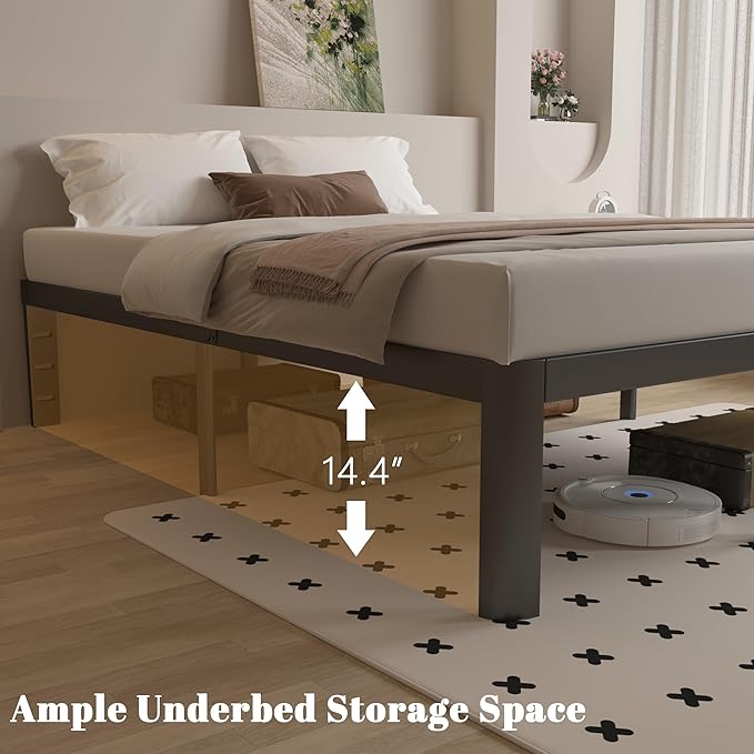 Full Size Bed Frame 16 Inch Black, Metal Platform Full Bed Frame with Baffles, No Box Spring Needed, Heavy Duty Steel Supprt, Rounded Corner Design, Reserved Holes, Noiseless, Easy Assembly