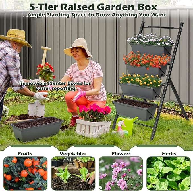 COSTWAY Vertical Raised Garden Bed, 5 Tier Planter Box with Drainage Holes for Vegetables, Grass, Flowers, Freestanding Garden Planter Indoor Outdoor, Patio, Balcony, Greenhouse