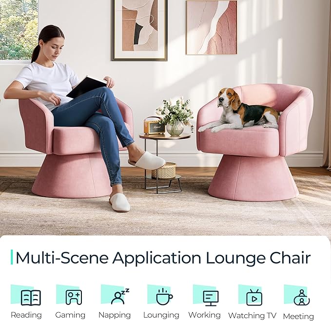 LINSY Swivel Barrel Chair, 360° Modern Swivel Accent Chairs with Arms, Boucle Swivel Chair Pink Velvet Chairs for Bedroom Living Room Small Spaces