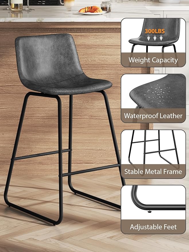Bar Stools Set of 4, 26 Inches Counter Height Barstools with Back, Modern Faux Leather Bar Stool with Metal Legs and Footrest, Bar Chairs for Kitchens Island (Gray)