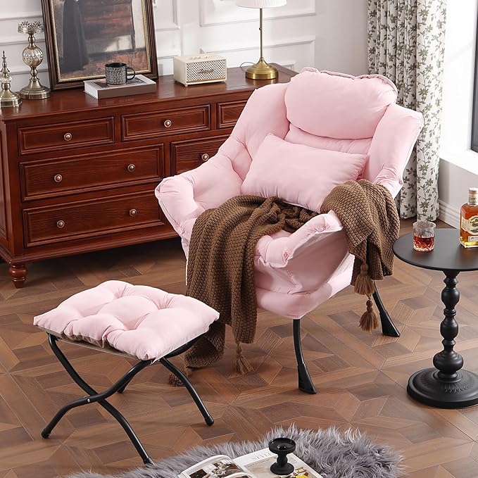 Lazy Chair with Ottoman, Modern Accent Chair with Lumbar Pillow, Comfy Chairs with Folding Footrest for Bedroom, Reading, Oversized Supportive Lounge Chairs(Pink)