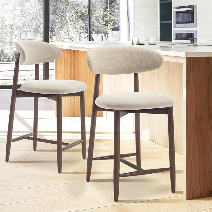 COLAMY Counter Height Bar Stools Set of 2, Kitchen Bar Stools with Back, Mid Century Modern Upholstered, with Wood Legs for Kitchen Island Dining Room, Beige