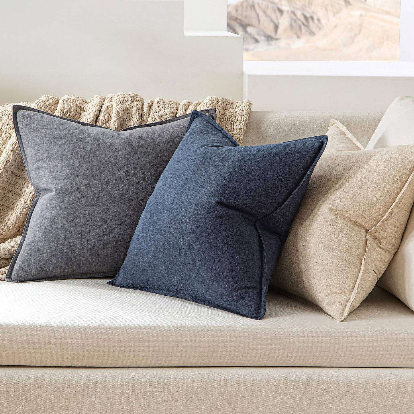 MIULEE Decorative Linen Pillow Covers 18x18 Inch Indigo Blue Boho FarmhouseNeutral Couch Throw Pillows for Bed Pack of 2 Accent Coastal Modern Pillowcase Summer Sofa Livingroom Home Decor