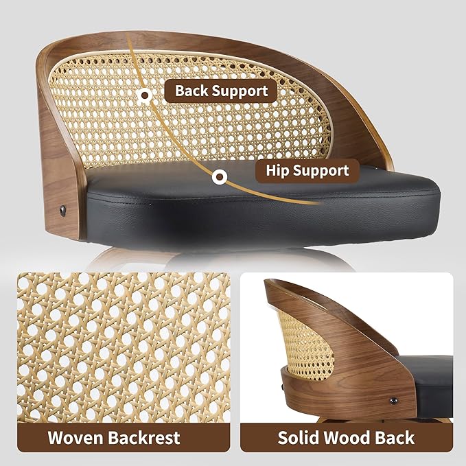 26 inch Swivel Bar Stools with Back, Set of 2 Mid-Century Modern Walnut Barstools, PU Leather Bar Chairs with Footrest for Kitchen Island, Dining, Home Bar - Black