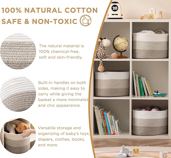 UBBCARE 3-Pack Woven Rope Shelf Baskets - 15x10x9in Decorative Storage Basket for Toys, Kids Playroom, Closet Organization & Cube Storage Organizer | Gift Basket Empty, Gradient Brown