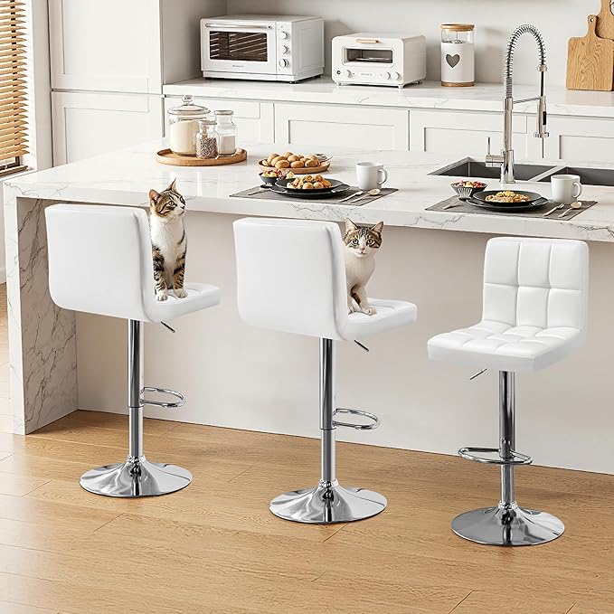 Yaheetech Bar Stools Set of 3, Adjustable PU Leather Swivel Barstools, Modern Counter Stools with Back and Footrest, Counter Height Barstools for Bar, Kitchen, Dining Room, White