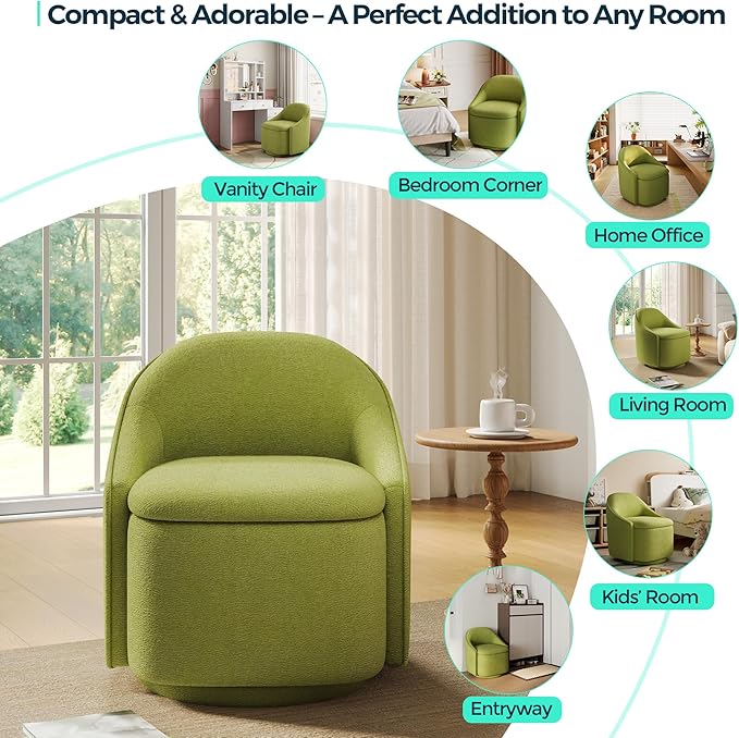 LINSY Swivel Accent Chair with Storage Comfy Chenille Barrel Chairs, Small 360 Swivel Modern Armchair for Living Room Bedroom, Boucle Reading Chair for Study Room (Green)