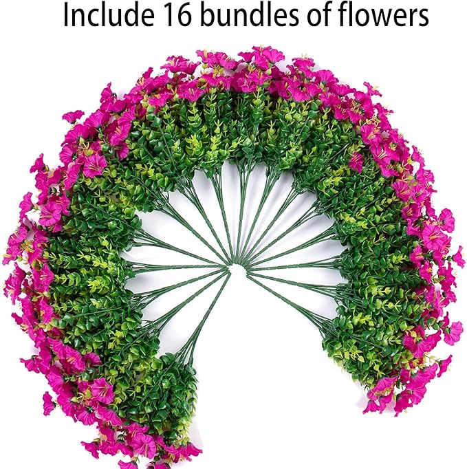 Artificial Outdoor Flowers 16 Bundles Fake Morning Glory Flower Outdoor UV Resistant Plastic Faux Flowers Plants for Decoration Indoor Outdoor Hanging Window Box Planter Home Porch Decor (Fuchsia)