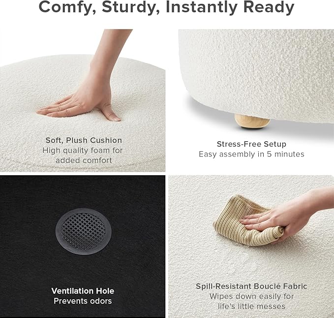 mopio Luna Round Ottoman with Storage and Tray, Round Coffee Table with Storage, Upholstered Foot Stools Ottoman for Living Room, Bedroom, with Solid Rubberwood Legs (Pearl White Performance Boucle)