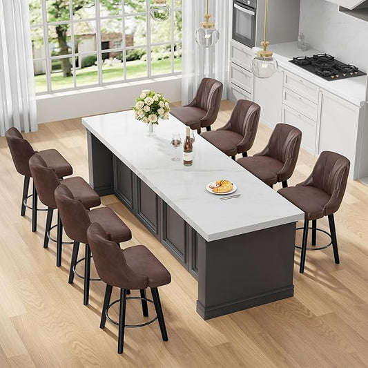 Counter Height Swivel Bar Stool, 24" Upholstered PU Leather Barstools Set of 8, Counter Stool Chair with Back & Solid Wood Legs for Kitchen Island Dining Room (Brown)