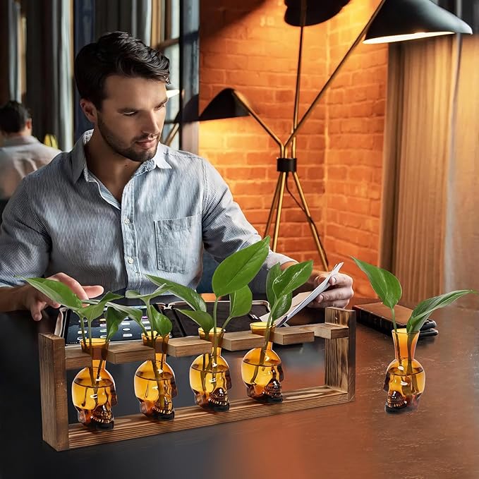 Plant Terrarium Propagation Stations Halloween Skull Planter Vase Skulls Decor with Wooden Stand Gife for Father - 5 Vases