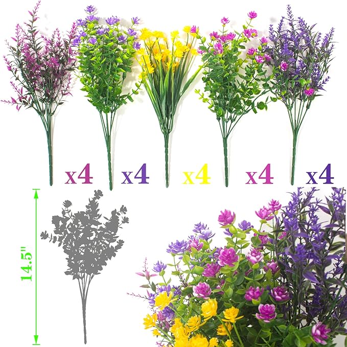 20 Bundles Artificial Flowers Outdoor UV Resistant No Fade Fake Plants Faux Plastic Shrubs for Garden Patio Porch Window Box Home Wedding Farmhouse Hanging Décor