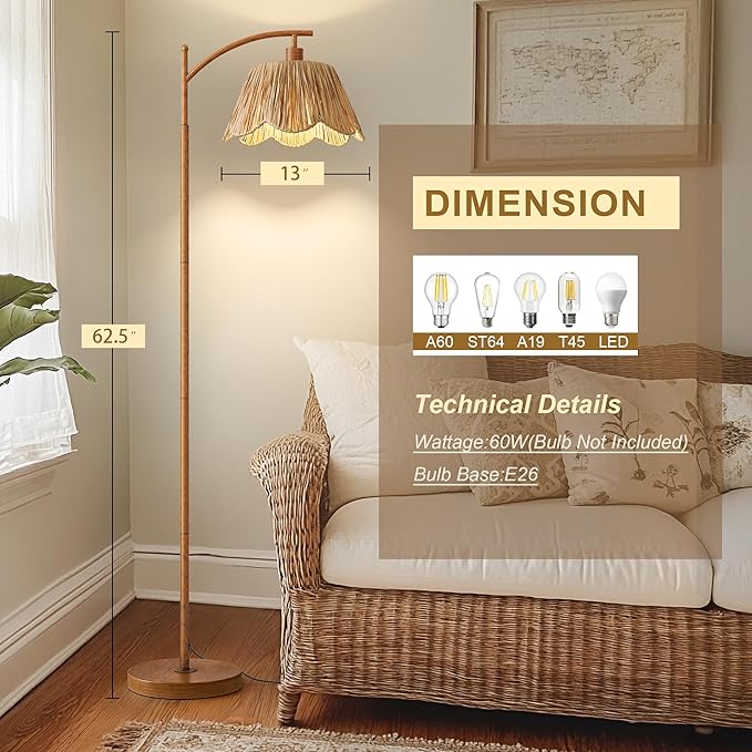 Oneach Rattan Floor Lamp for Bedroom, Boho Floor Lamp with Foot Switch, Farmhouse Standing Lamps for Living Room with Hand-Woven Shade, Walnut Metal Base & Pole