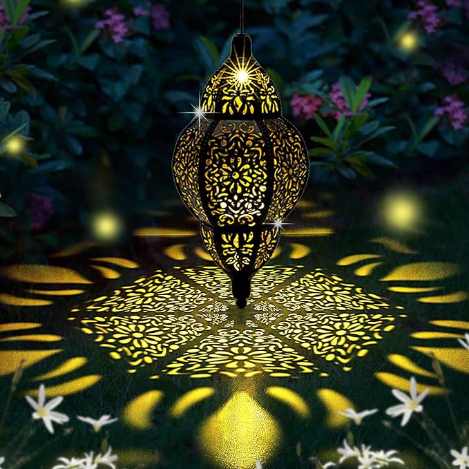 Hanging Solar Lantern Outdoor Decor, Moroccan Solar Lights for Outside Garden Decorations, Waterproof Solar Lanterns Garden Gifts for Mom, Women, Patio, Yard Ornament