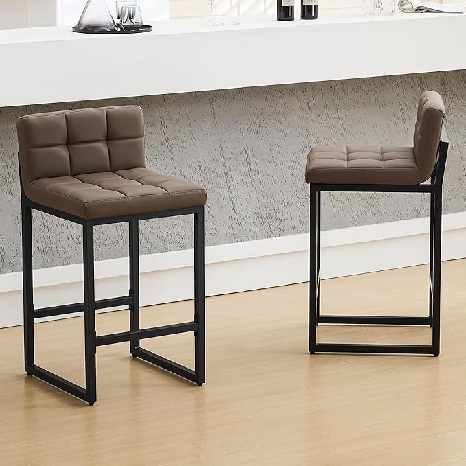 Counter Height Bar Stools Set of 2, Modern Faux Leather Counter Stools with Low Back and Footrest, Upholstered Bar Chairs for Kitchen Island (Coffee Brown, 2Pcs 26" Bar Stools)