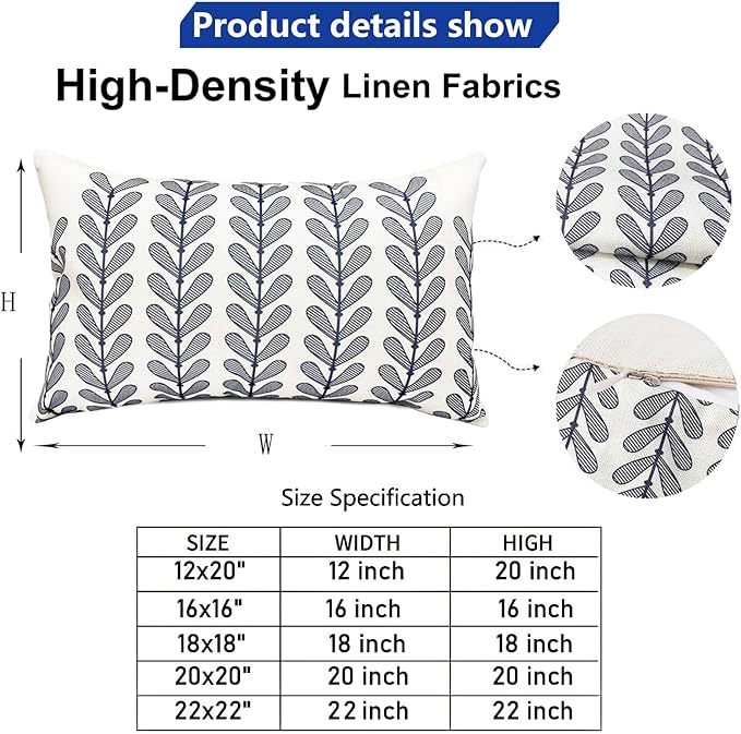 Decorative Throw Pillow Covers Set of 2 Blue Pillow Covers 12x20 Inch Throw Pillow Cover Linen Pillowcase Modern Boho Farmhouse Outdoor Pillow Covers for Couch Sofa Bed Living Room