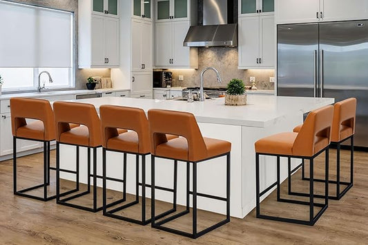 Counter Height Bar Stools Set of 6 for Kitchen Counter Modern Bar Chairs with Backs for Kitchen Island with Upholstered Faux Leather Seat and Metal Frame, 26 Inch, Light Brown