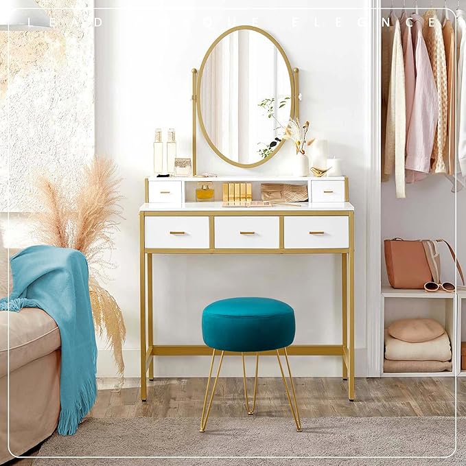 LUE BONA Vanity Stool, Teal Vanity Stools for Makeup Room, Round Ottoman Foot Stool, Velvet Footrest Vanity Chair for Bathroom Vanity, Bedroom, Living Room, Entryway, Offices