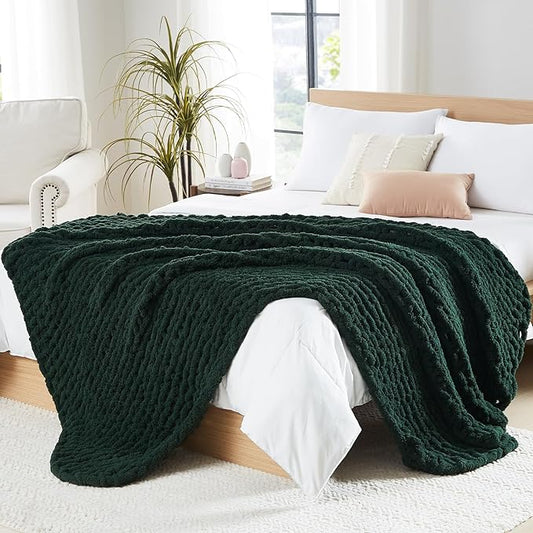 L'AGRATY Chunky Knit Blanket Throw: 50''x60'' Chenille Chunky Knitted Throw Blankets for Bed Couch - Handmade Thick Cable Knit Blanket - Large Crochet Rope Blankets for Home Decor(Olive Green)