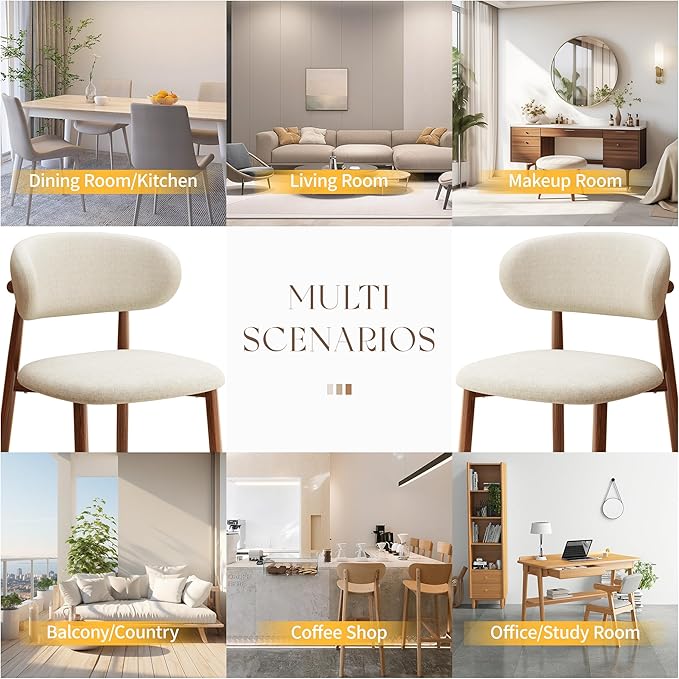 Kitchen Dining Chairs Set of 4 Modern Soft Linen Farmhouse Dining Room Chair with Metal Legs, Beige/Walnut