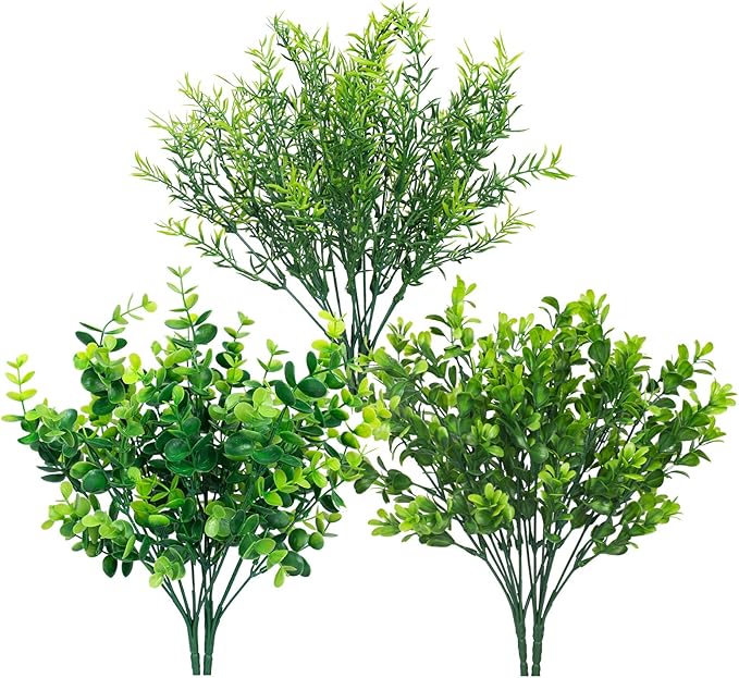 Ouddy Decor 6 Bundles Artificial Greenery Stems Mixed Fake Plastic Plants Eucalyptus Rosemary Faux Magnolia for Outdoor Indoor Garden Home Window Box Decor