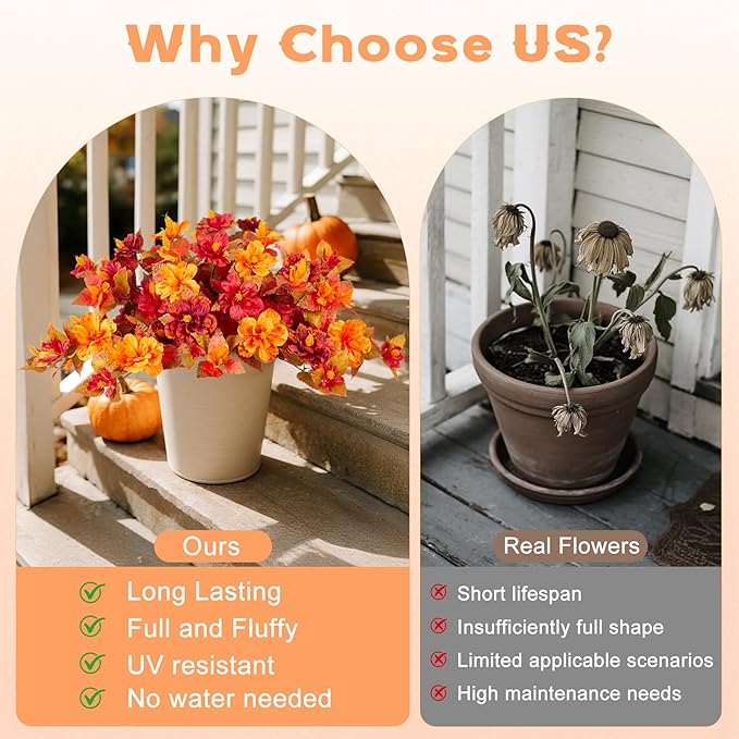 Fake Fall Flowers Artificial for Outdoors Decoration 2PCS Faux Orange Flowers for Outdoor Planters Outside Hibiscus Flower Fall Décor for Home Front Porch Yard Patio