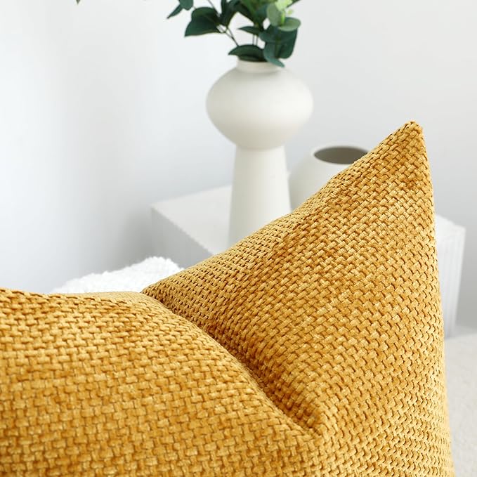 Stellhome Pack of 2 Woven Textured Decorative Throw Pillow Covers Soft Chenille Accent Luxury Cushion Cases for Living Room Couch Bed Sofa Farmhouse Boho Home, 20x20 inch, Mustard Yellow