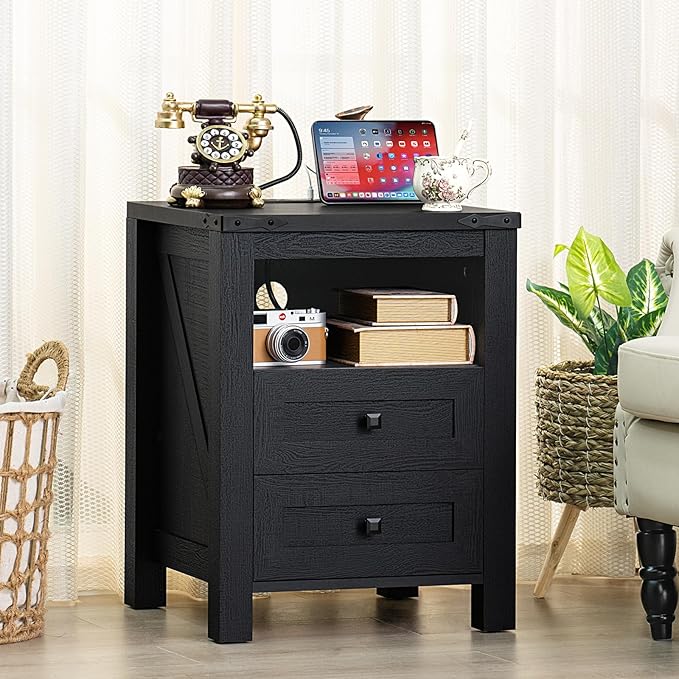 Nightstand with Charging Station, Farmhouse Night Stand with 2 Drawers and Shelf Storage, Wooden Side End Table, Bedside Cabinet for Bedroom, Living Room, Closet, Office (Black)