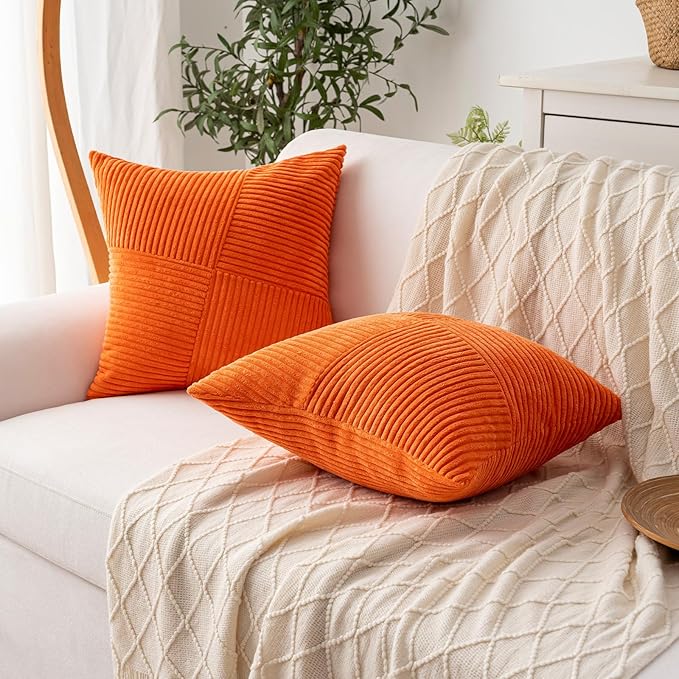 Decorative Throw Pillow Covers 18x18 Inch Set of 2 for Boho Living Room Farmhouse Home Decor, Spring Pillow Covers for Couch Bed, Soft Corduroy Striped Patchwork Cushion Cases, Orange