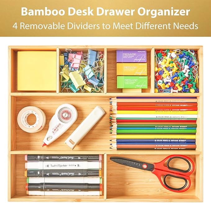 Umilife Large Bamboo Desk Drawer Organizer, Wood Junk Organizer Tray with Adjustable Dividers, Anti-Skip Storage Organization in Office Bathroom Drawer for Vanity, Makeup, 15" x 12"