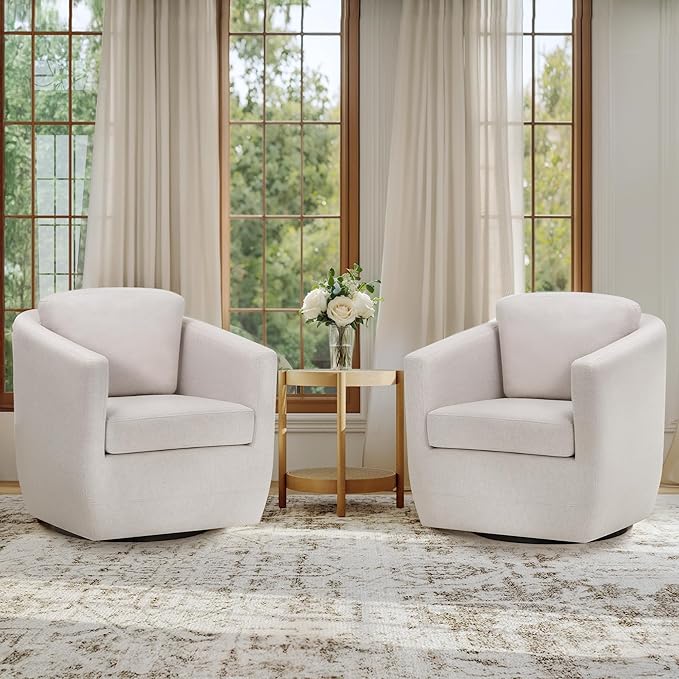 COLAMY Swivel Accent Chair, Round Upholstered Swivel Barrel Armchair Metal Base Fabric Chair Modern No Assembly Sofa Chair for Living Room Bedroom Reading Apartment Nursery, Beige(2pc)