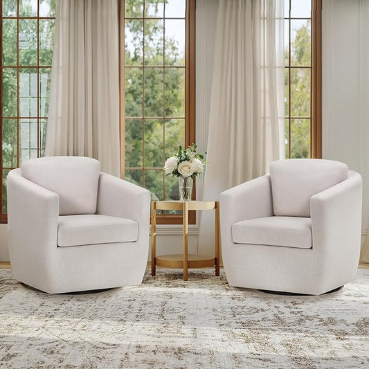COLAMY Swivel Accent Chair, Round Upholstered Swivel Barrel Armchair Metal Base Fabric Chair Modern No Assembly Sofa Chair for Living Room Bedroom Reading Apartment Nursery, Beige(2pc)