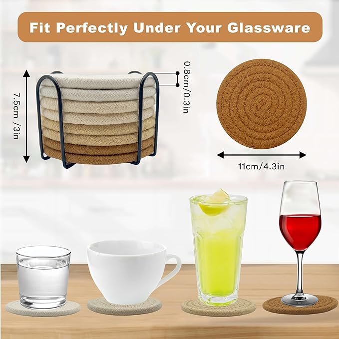 8 Pcs Drink Coasters with Holder, Coasters for Coffee Table, Absorbent Coaster Set for Living Room Decor Tabletop Protection, Coaster Set 4 - Color Cup (Brown Mix)
