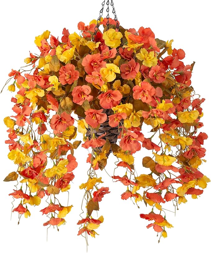 Artificial Fake Fall Hanging Flowers Baskets for Outdoor Decoration, Faux Silk Hibiscus Long Vines in Planter Realistic Flower Plants for Outside Home Porch Patio Garden (Fall YellowOrange)