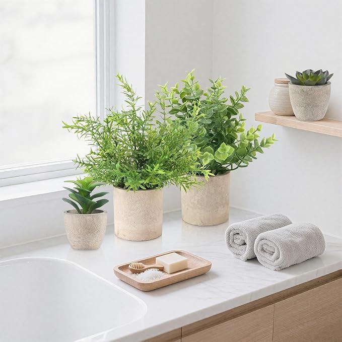 ALAGIRLS 4 Pack Small Fake Plants, 10" Artificial Plants Indoor Eucalyptus/Rosemary/Succulents, Small Faux Plants in Pulp Pot for Bathroom Bedroom Kitchen Office Living Room Decor