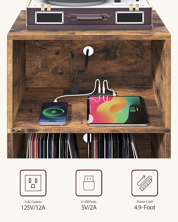 Record Player Stand, 3-Tier Side End Table with Charging Station, Turntable Stand Up to 160 Albums, Vinyl Storage Cabinet Dispaly Shelf for Living Room, Brown