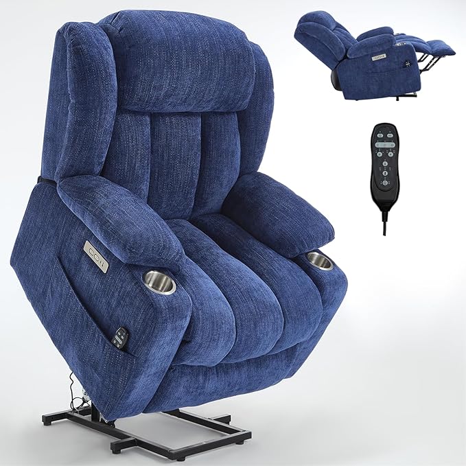 Power Lift Recliner Chair, 350lb Capacity with 8-Point Massage & Heating, USB/Type-C Ports & Cup Holders, Heavy Duty Chenille Recliner for Elderly, Blue