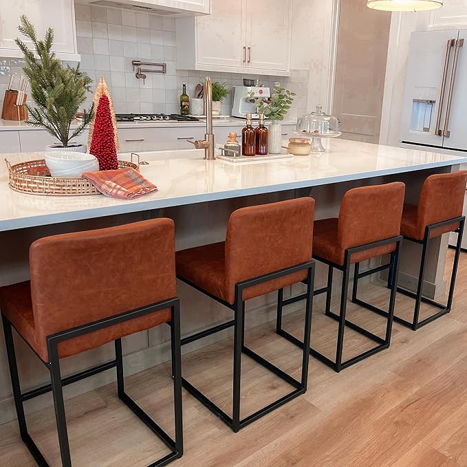 ALPHA HOME 24” Bar Stools Set of 4 Counter Height Bar Stool Pu Leather Kitchen Modern Bar Stools with Backrest Upholstered Footrest Sturdy Chromed Metal Steel Frame,Brown.