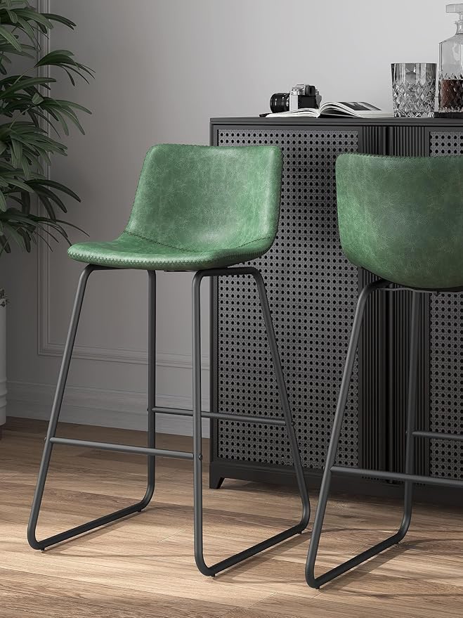 Bar Stools Set of 6, 26 Inches Counter Height Bar Stools with Back, Modern Faux Leather Barstools with Metal Legs and Footrest, Bar Chairs for Kitchens Island (Green)