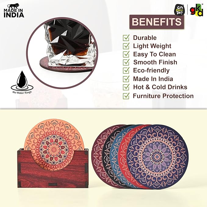 GKD Wooden Coasters for Drinks, MDF Mandala Coasters Set of 6 with Holder, 3.5 inches Eco-Friendly Absorbent Coaster for Coffee Table, Bar, Drinking Glasses, Tabletop Protection