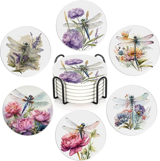 Coaster for Drinks Set of 6, Dragonfly Flower Absorbing Round Ceramic Stone Coaster with Cork Base,Tabletop Protection Mat for Mugs and Cups,Coffee Table Wine Glass Home Bar 4 Inch