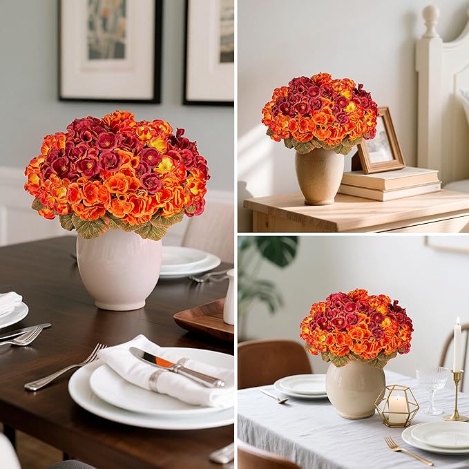 Fake Fall Flowers Artificial for Outdoors Decoration, 6 Bundles Faux Geranium Silk Flower Outside UV Resistant No Fade Artificial Floral for Home Garden Balcony Indoor Table Centerpieces Decor