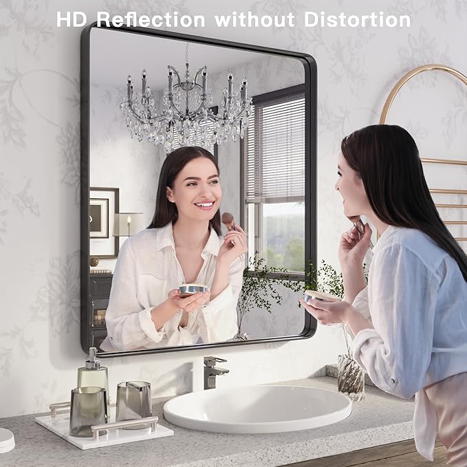 ISKM 30"x 30" Black Framed Bathroom Mirror for Wall, Bathroom Vanity Mirror Anti-Rust, Tempered Glass, Rounded Rectangle Mirror(Horizontal/Vertical)