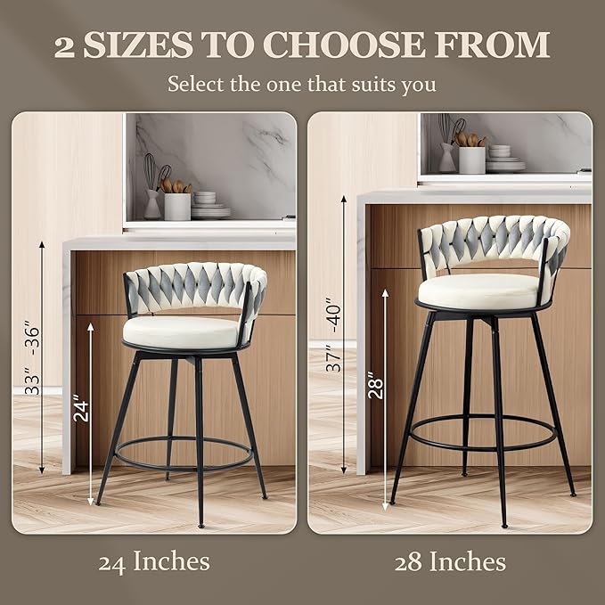 Swivel Bar Stools Set of 2, 24 Inches Modern Counter Height Bar Stools with Woven Back, White Leather Upholstered Suede Tall Barstools for Kitchen Island, Cafe