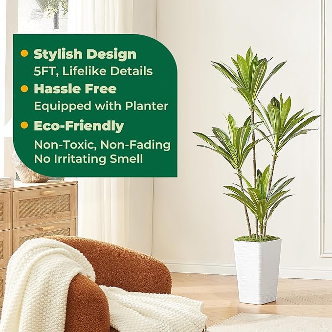 5FT Artificial Dracaena Tree with White Planter and Fake Green Moss - Real Touch Fake Plant for Home & Office Decor, Faux Yucca Indoor Floor Tree, Pre-Potted Plants,