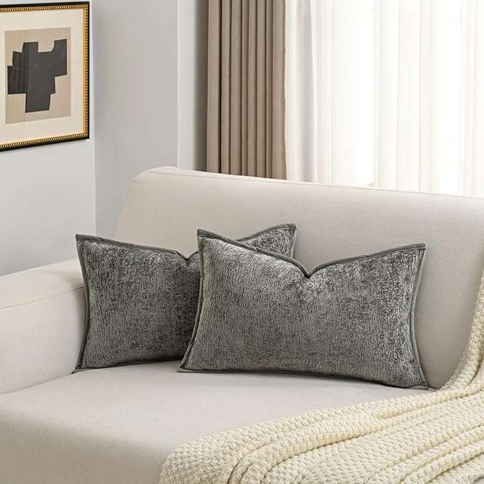FUTEI Grey Chenille Throw Pillow Covers 12x20 Inch Set of 2,Soft Cozy Bound Edge Design Lumbar Pillow Cases,Home Decor for Couch Bed Living Room