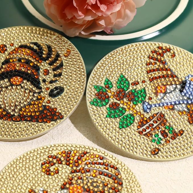 8 PCS Coffee Gnome Diamond Art Coasters Kits, Diamond Painting Coasters with Holder Set of 8, DIY Drink Coasters Art Crafts Supplies for Adults Cup Mat for Home Decor House Warming Gifts 3.9inch