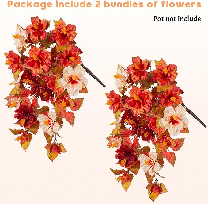 Fake Fall Flowers Artificial for Outdoors Decoration 2PCS Faux Orange Flowers for Outdoor Planters Outside Hibiscus Flower Fall Décor for Home Front Porch Yard Patio