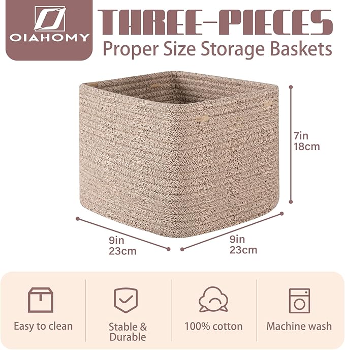 OIAHOMY 9”x9”x7” Storage Cubes, Cotton Rope Woven Baskets for Organizing, Cube Storage Bin, Small Gift Basket for Shelf, 3-Pack, Brown
